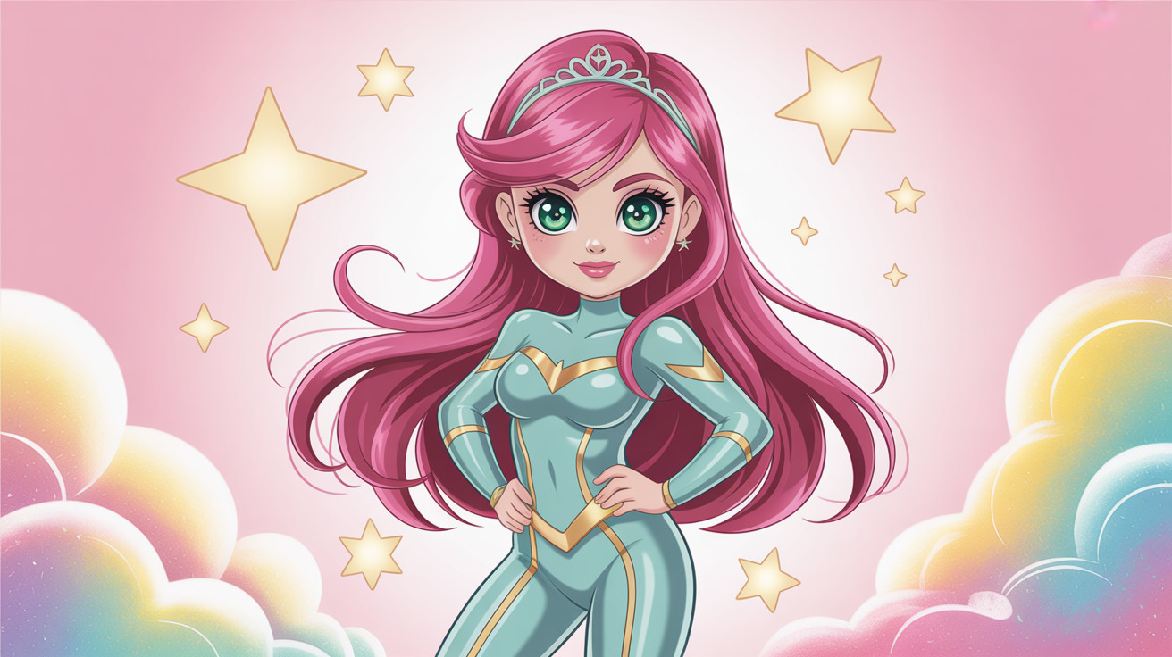 Cute superhero girl with pink hair and teal costume