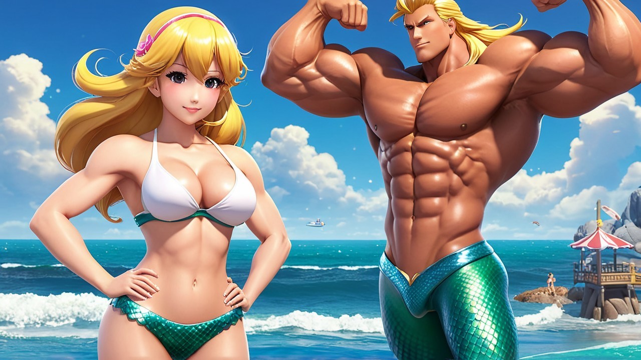 Vibrant Beach Scene with Characters and Ocean Background