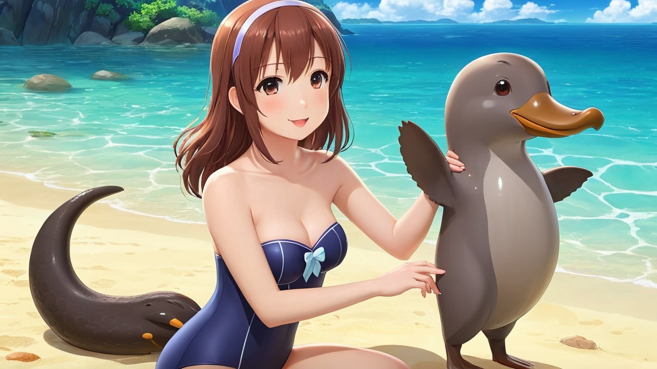 Young woman in swimsuit with platypus on beach