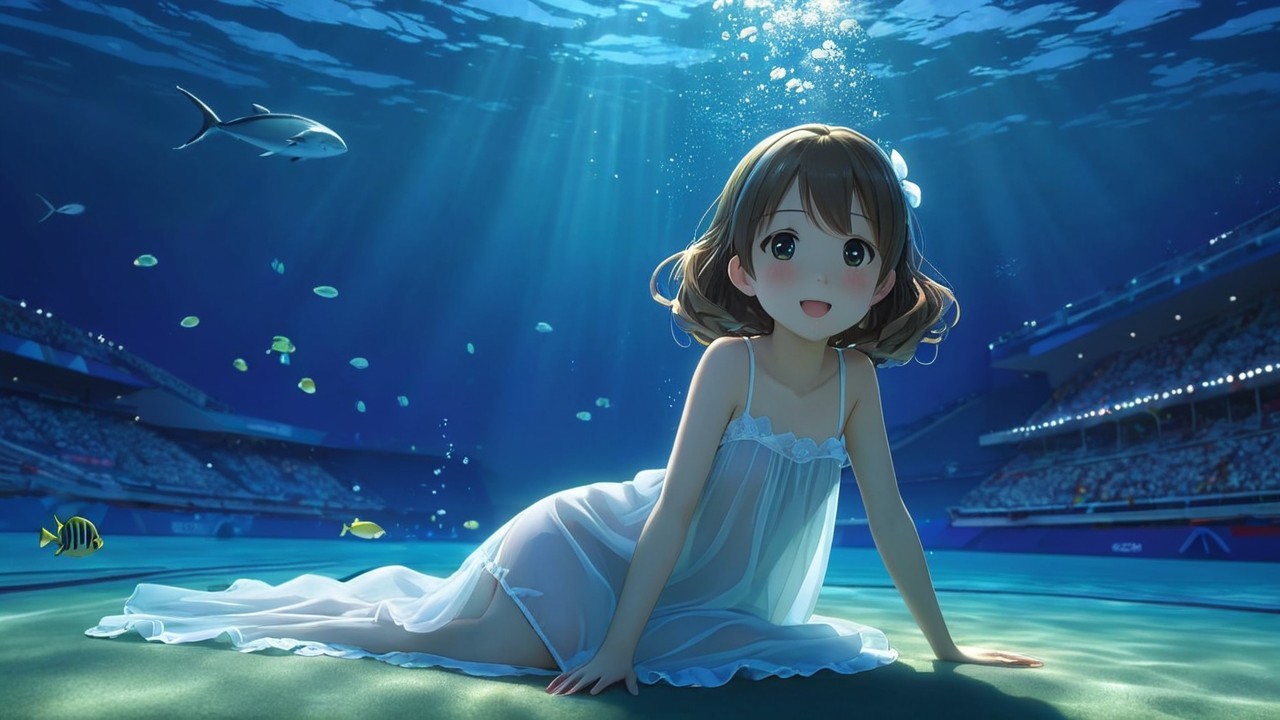 Underwater Scene with a Young Girl in White Dress