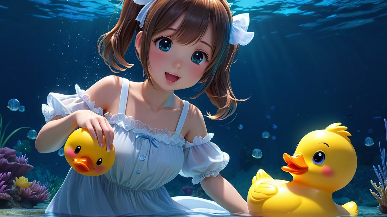 Cheerful girl underwater with rubber ducks and coral