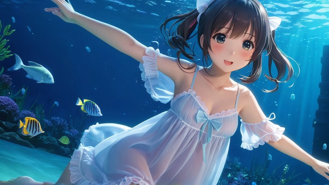 Animated Character Swimming Among Colorful Fish