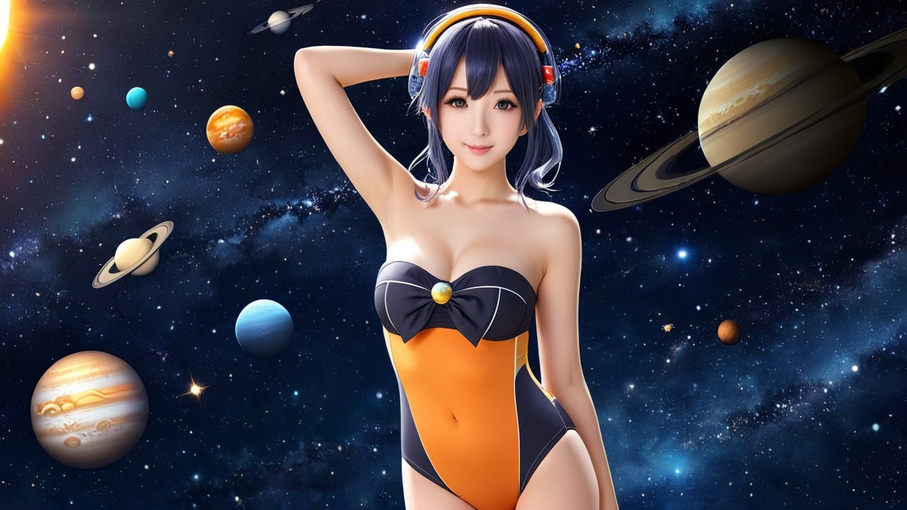 Futuristic character in cosmic setting with vibrant elements