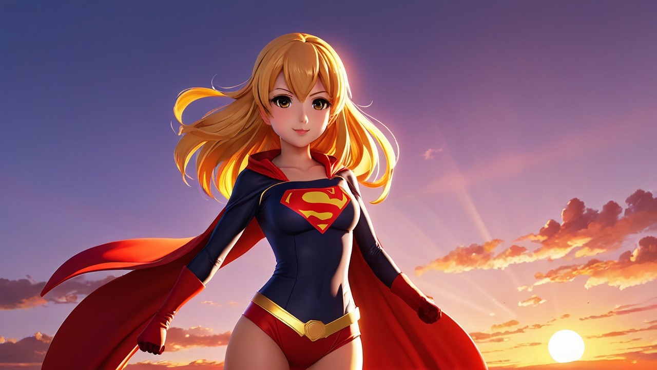 Superheroine in Blue and Red Costume at Sunset