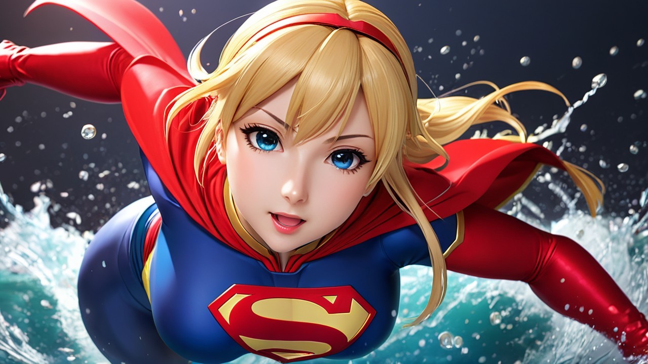 Female superhero soaring above water in vibrant costume