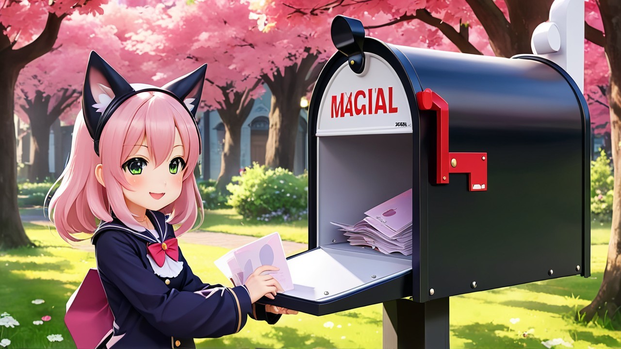 Cheerful anime girl with pink hair by magical mailbox