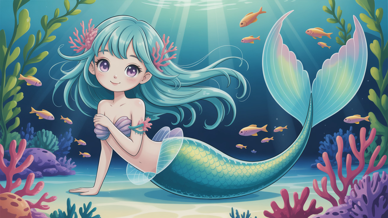 Chibi-style mermaid illustration on sandy seafloor