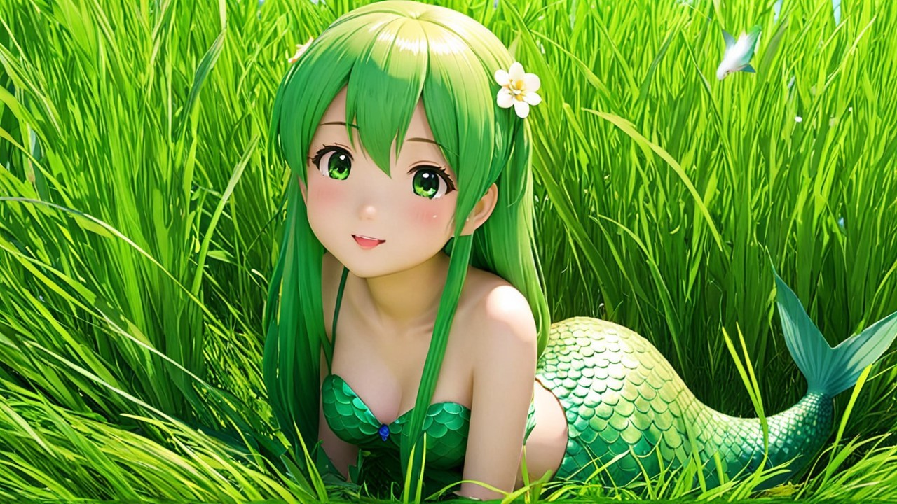 Cartoonish mermaid with vibrant green hair in grass