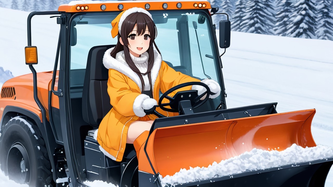 Young Woman Driving Snow Plow in Winter Landscape