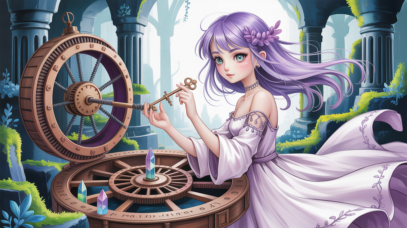 Anime Girl in Fantasy Setting with Key and Mechanism