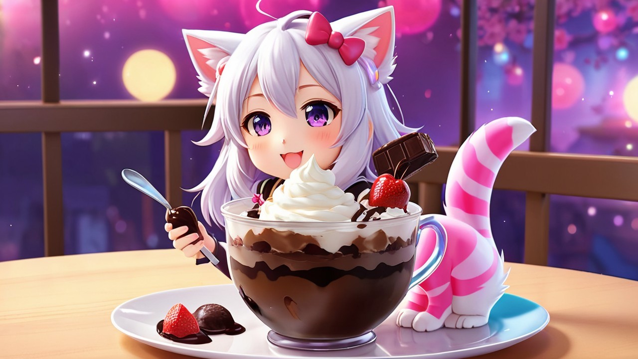 Cartoon Character with Dessert in Dreamy Background