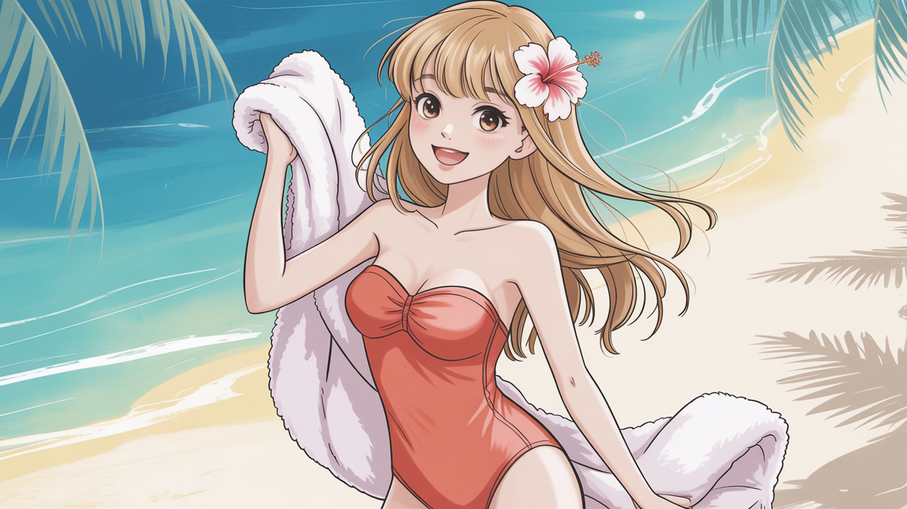 Young Woman at Beach in Coral Swimsuit Illustration