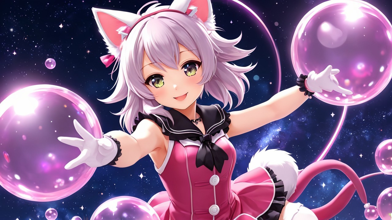 Cheerful Anime Girl with Cat Ears in Starry Scene