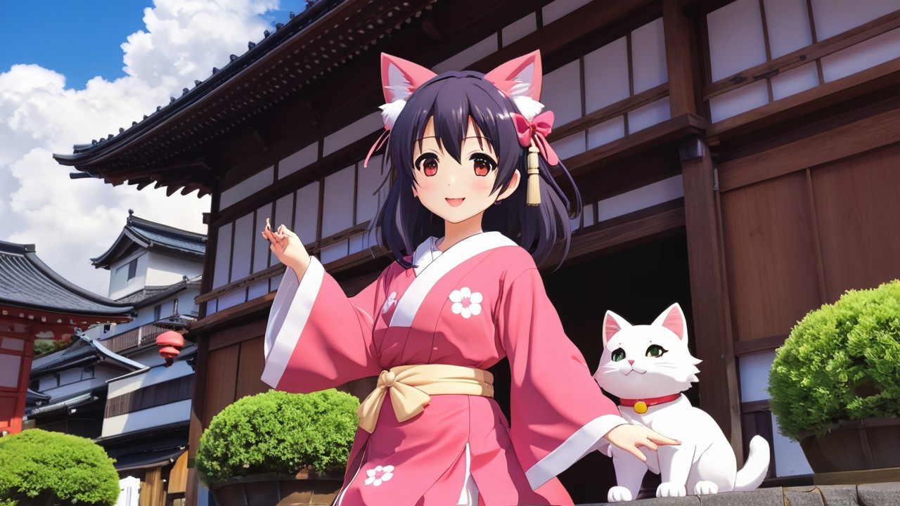 Cheerful anime girl in pink kimono with cat ears