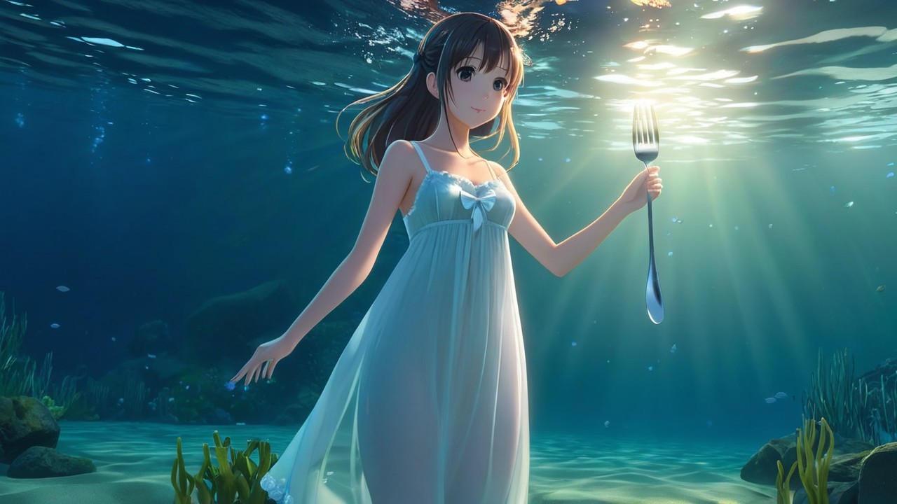 Young Woman in White Dress Underwater with Fork