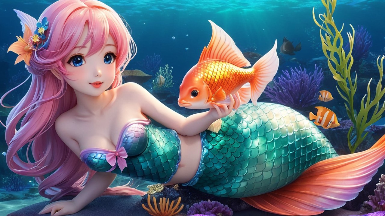 Mermaid with Pink Hair and Vibrant Goldfish in Coral
