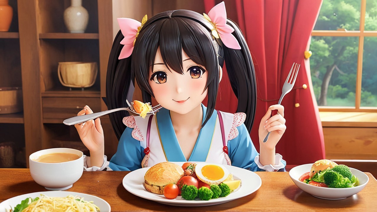 Cheerful anime girl in cozy kitchen with meal setup
