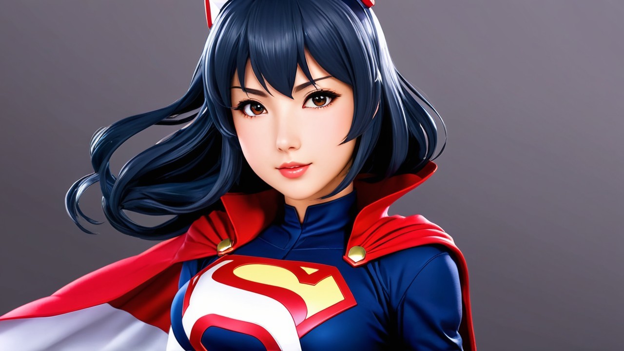 Young female superhero in blue and red costume