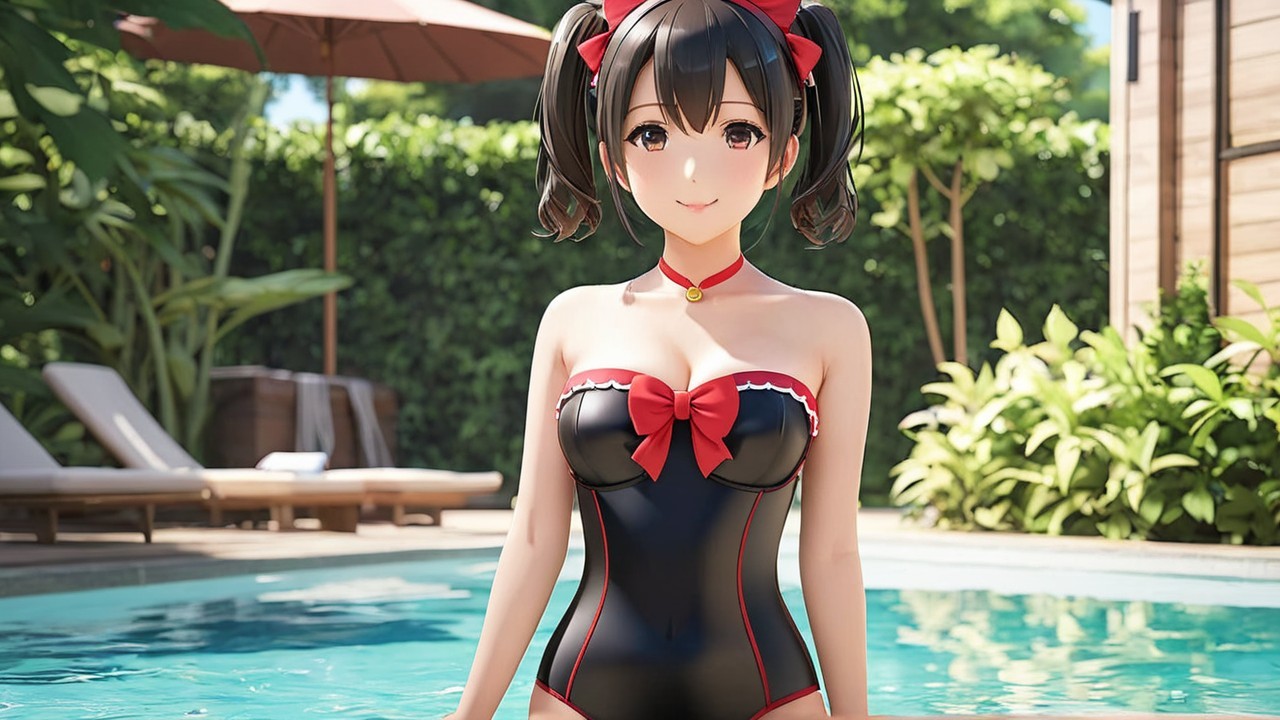 Cheerful character in black swimsuit by a pool