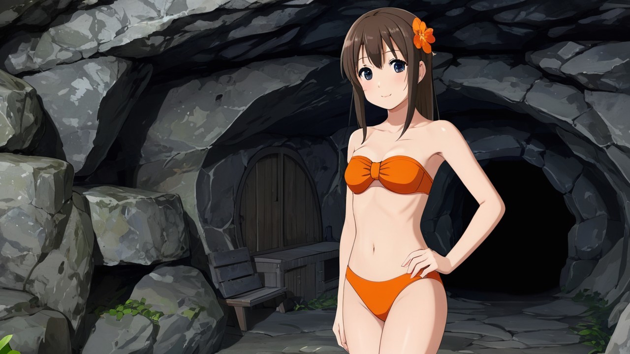 Anime Character in Orange Bikini in Cave Setting
