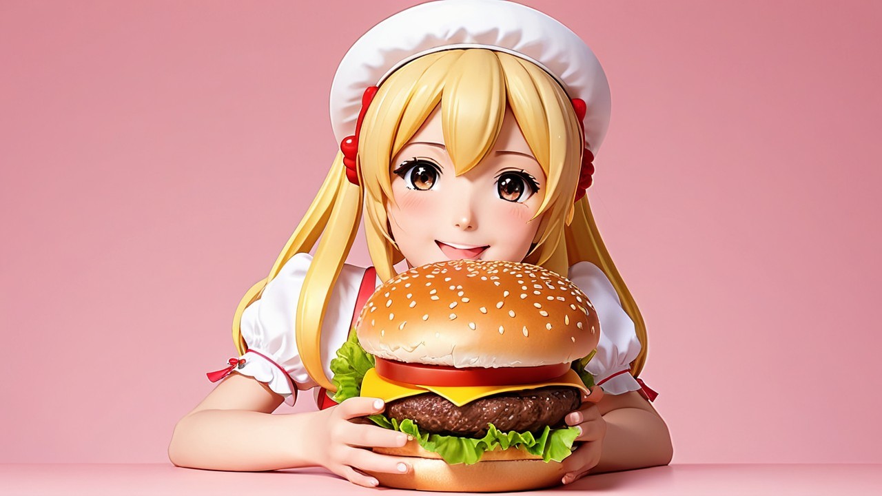 Cheerful anime girl with hamburger on pink background