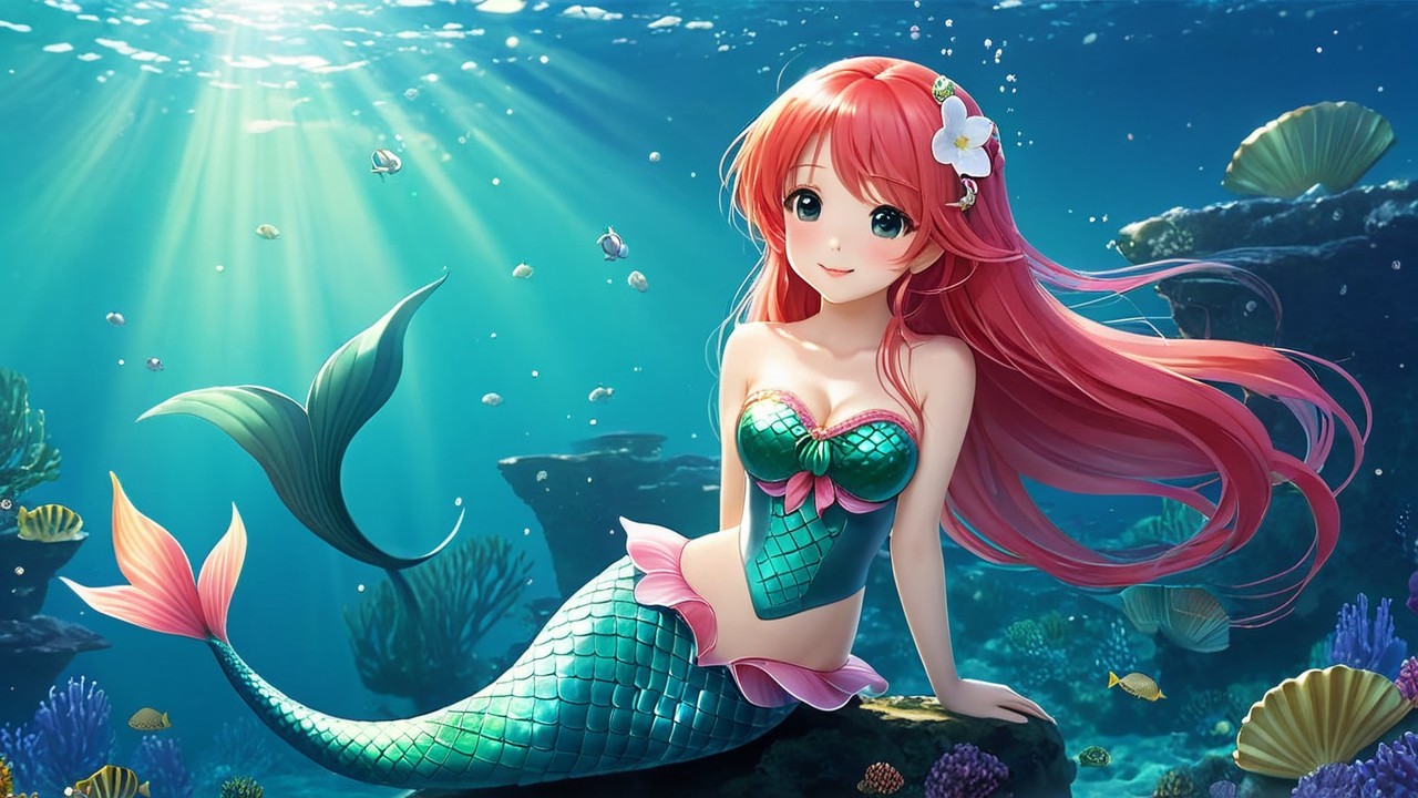 Vibrant Underwater Scene with Mermaid and Coral