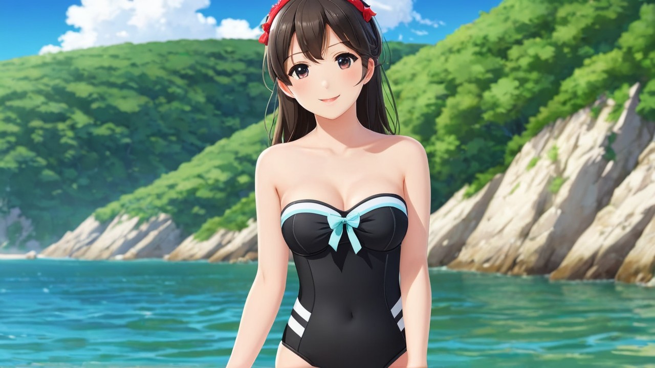 Cheerful Woman in Black Swimsuit by Coastal Scene