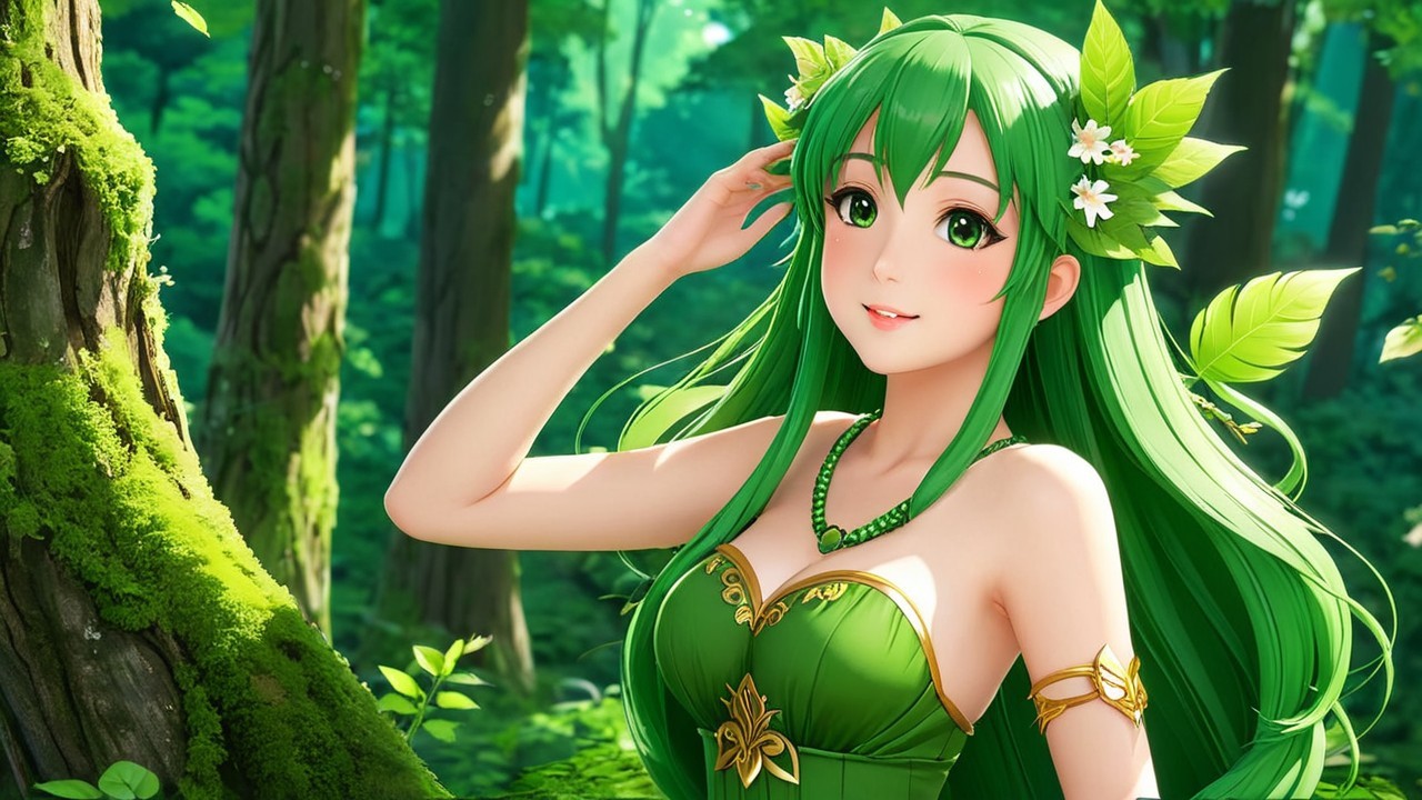Character with Green Hair in Lush Forest Setting