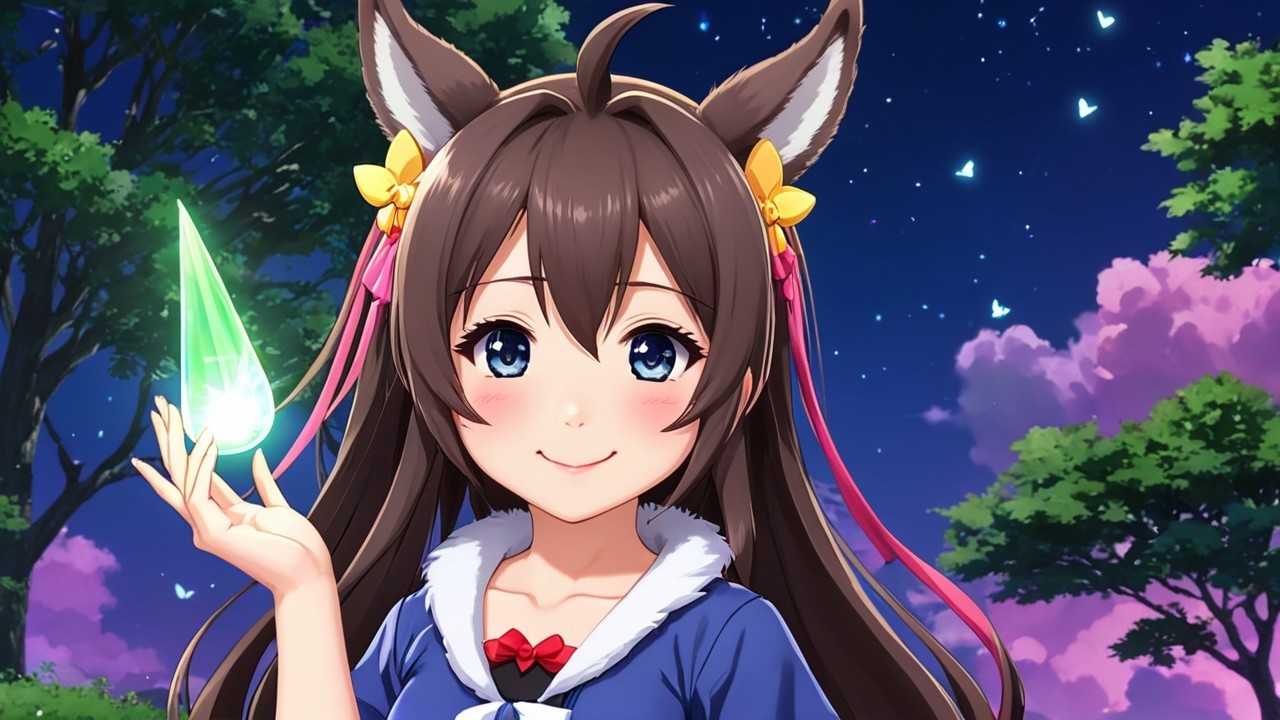 Cheerful anime character with flowers and gemstone
