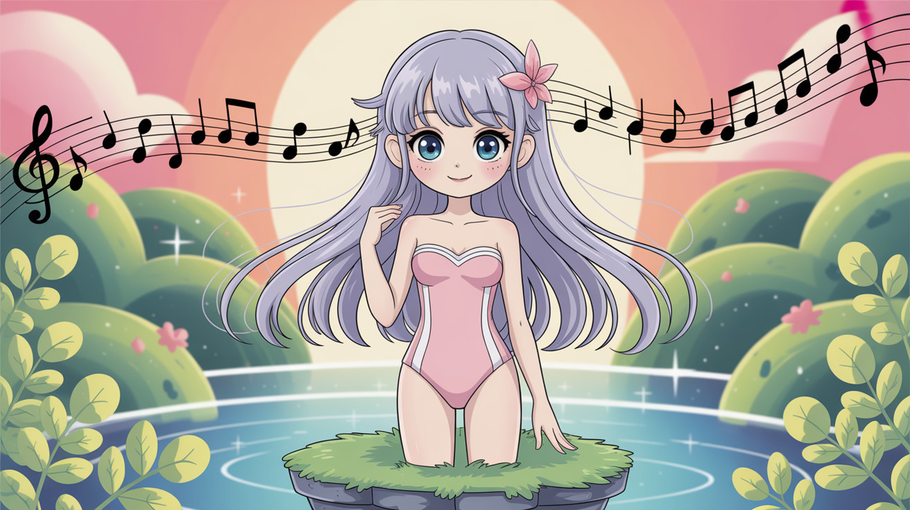 Anime Girl in Swimsuit on Grassy Island with Flowers