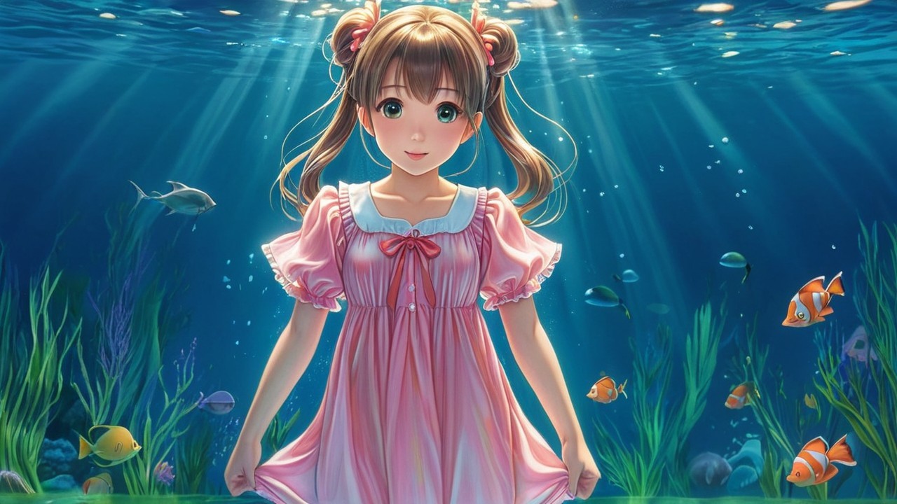 Young girl in pink dress underwater with colorful fish