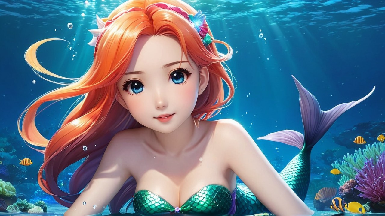 Vibrant Underwater Scene with Enchanting Mermaid