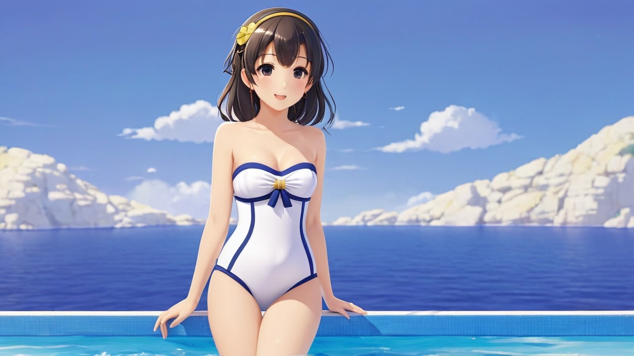 Cheerful anime character by bright blue poolside