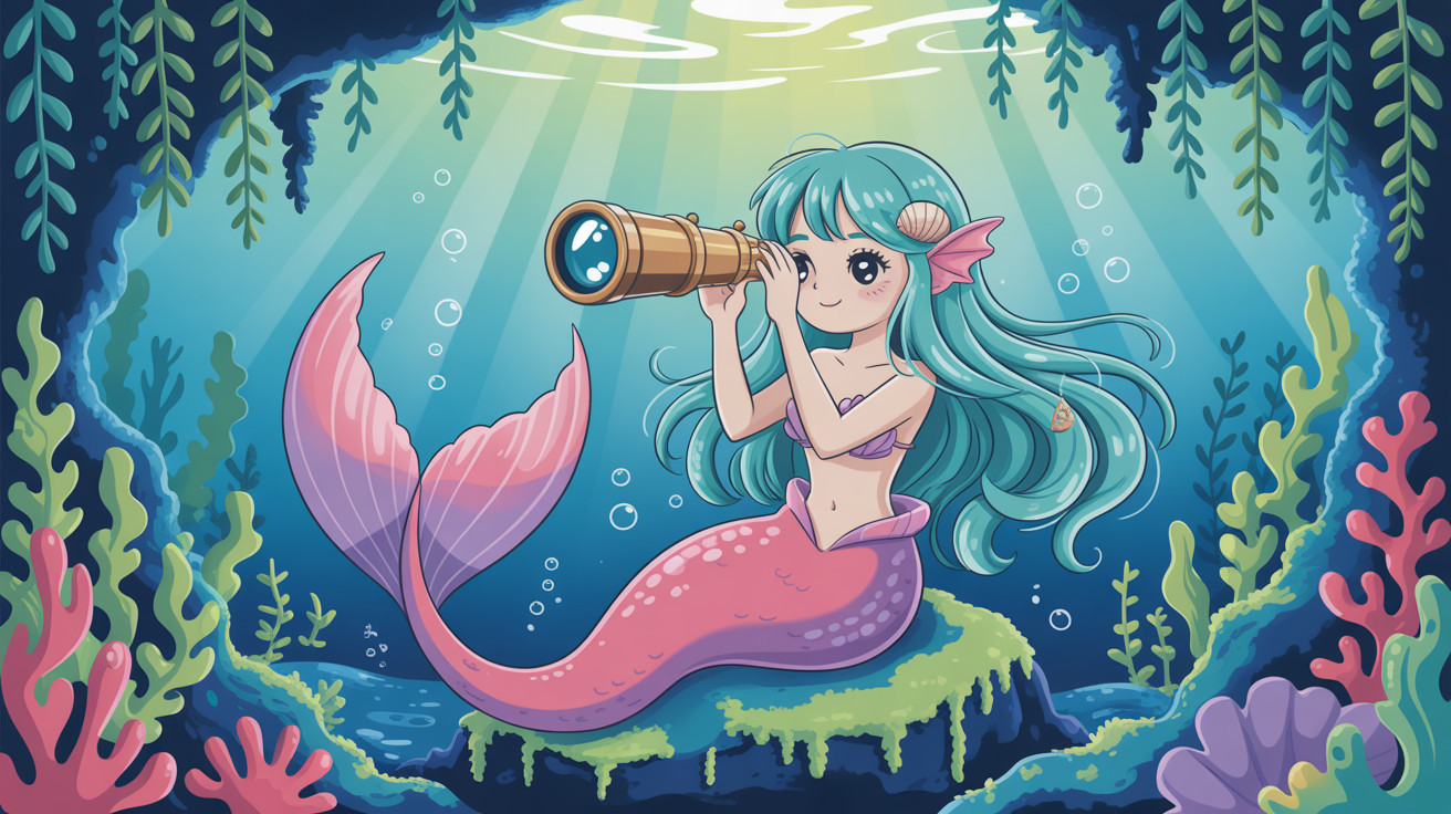 Young mermaid illustration with teal hair and telescope