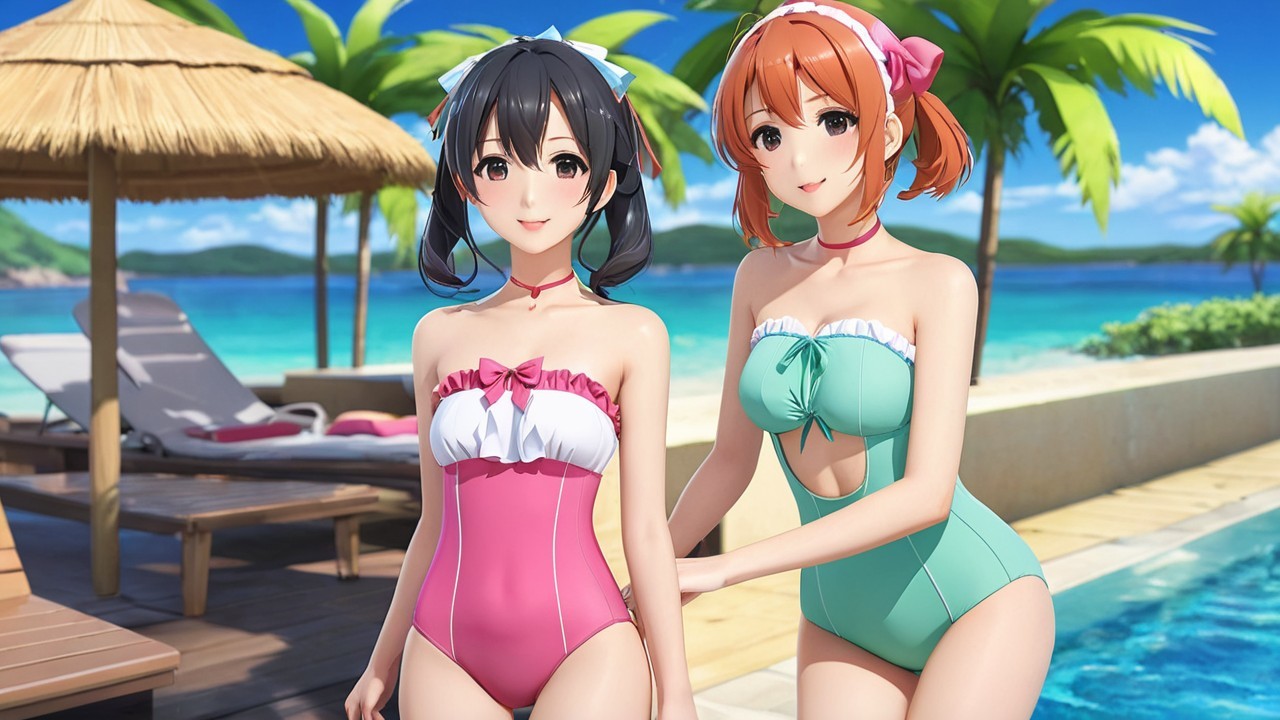 Anime Characters at Poolside with Tropical Setting
