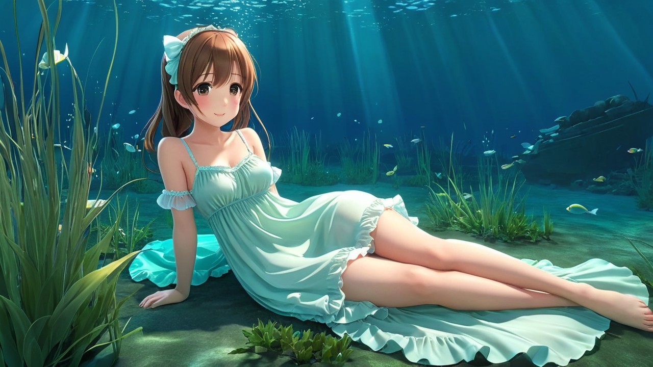Underwater Scene with Girl in Blue Dress and Fish