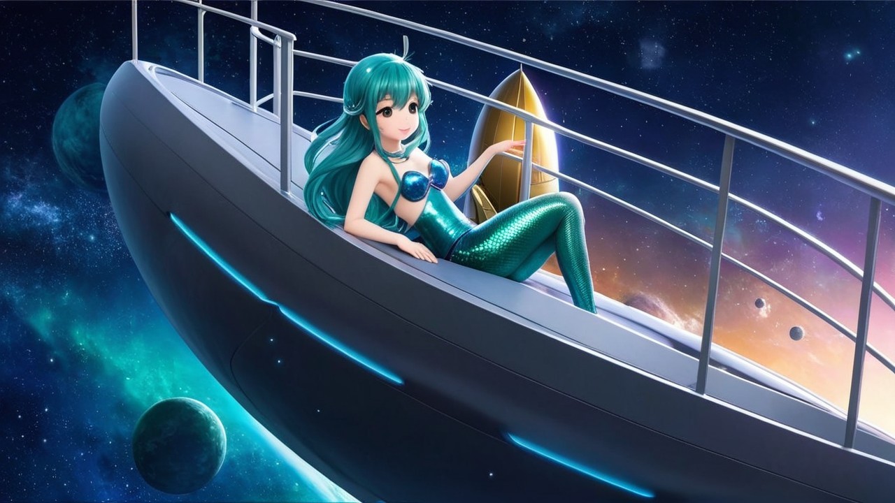 Whimsical Anime Character on Spaceship Deck with Cosmic Scene