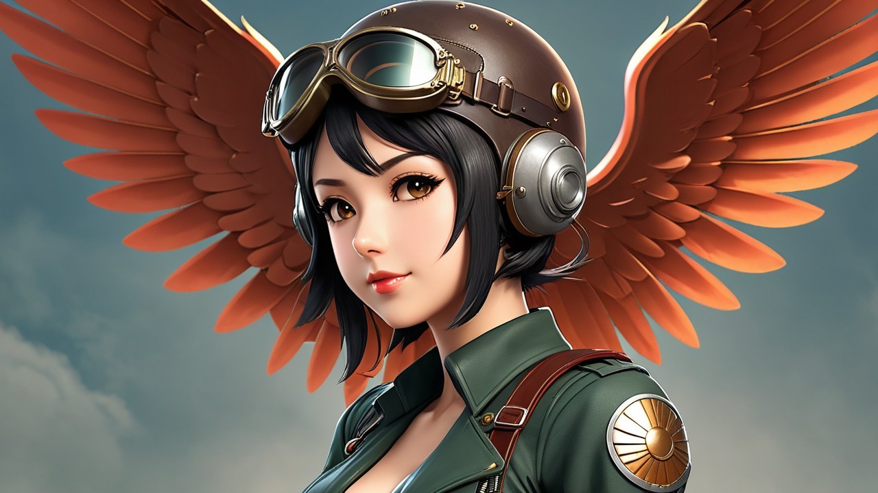 Young woman with orange wings and aviator goggles