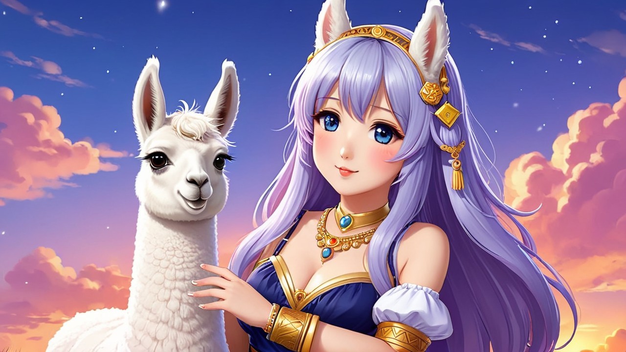 Fantasy Scene with Woman and Llama at Sunset