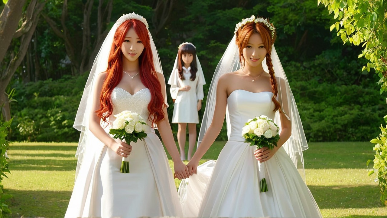 Brides in White Gowns in a Lush Garden Setting