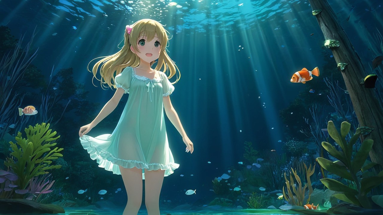 Young girl underwater with fish and sunlight beams