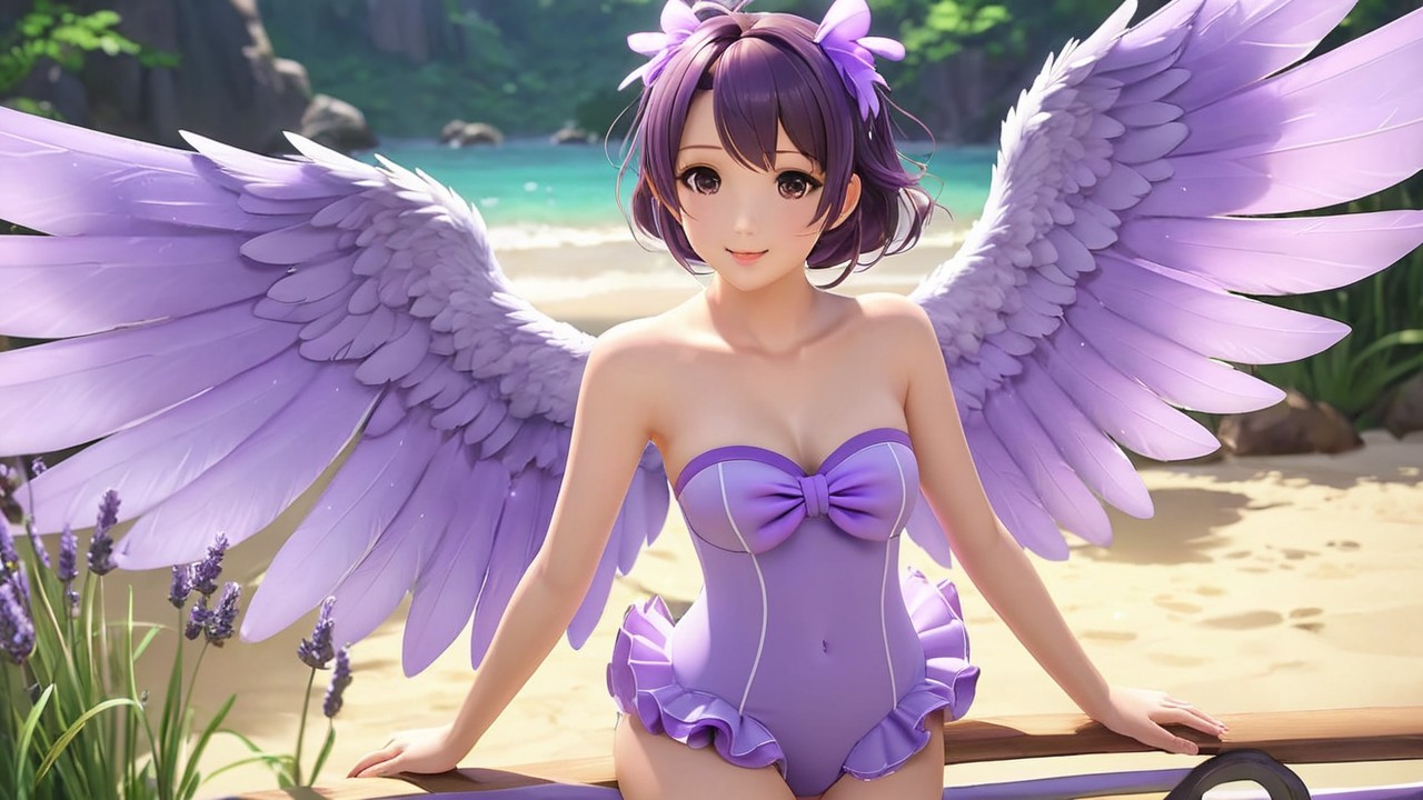Character with Lavender Wings on Beach in Purple Swimsuit