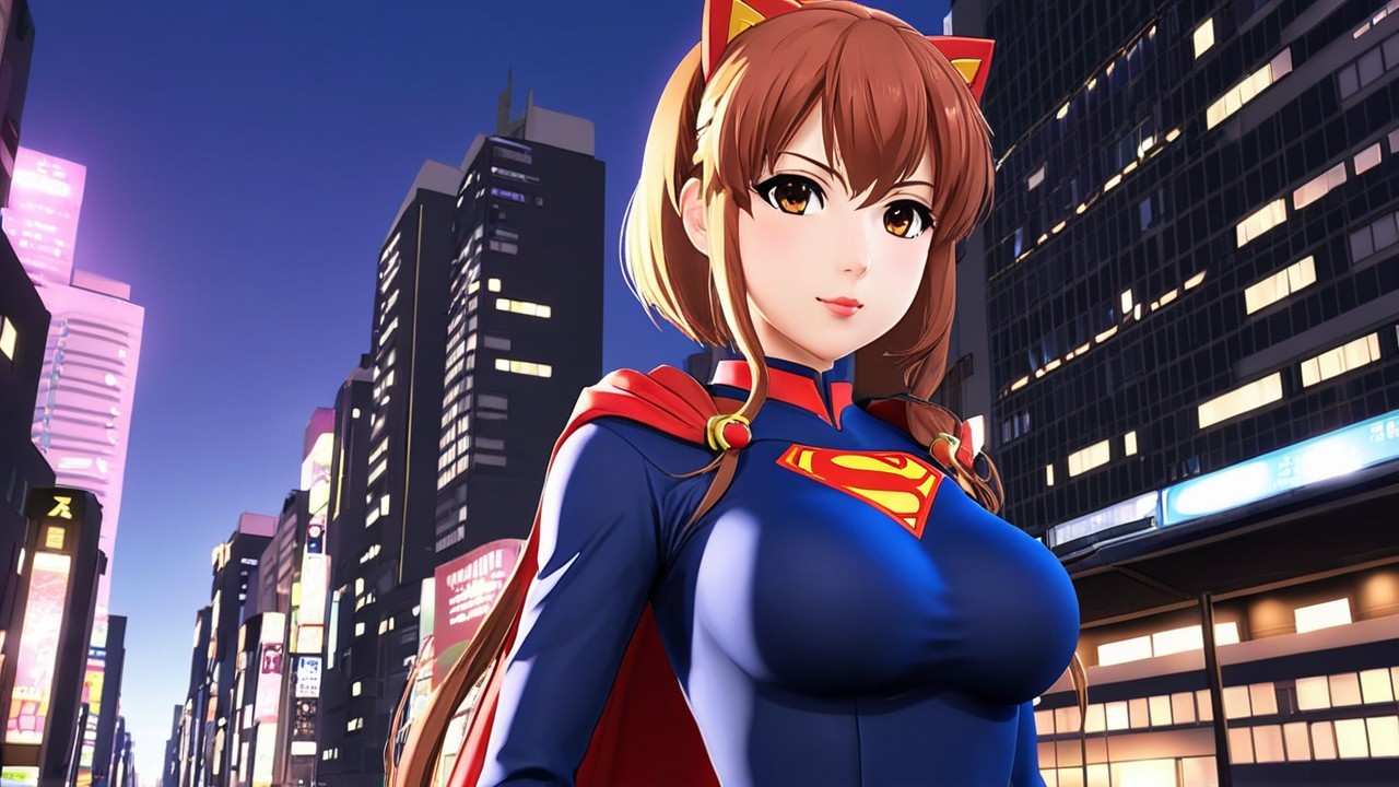 Confident Female Superhero in Vibrant Cityscape at Dusk