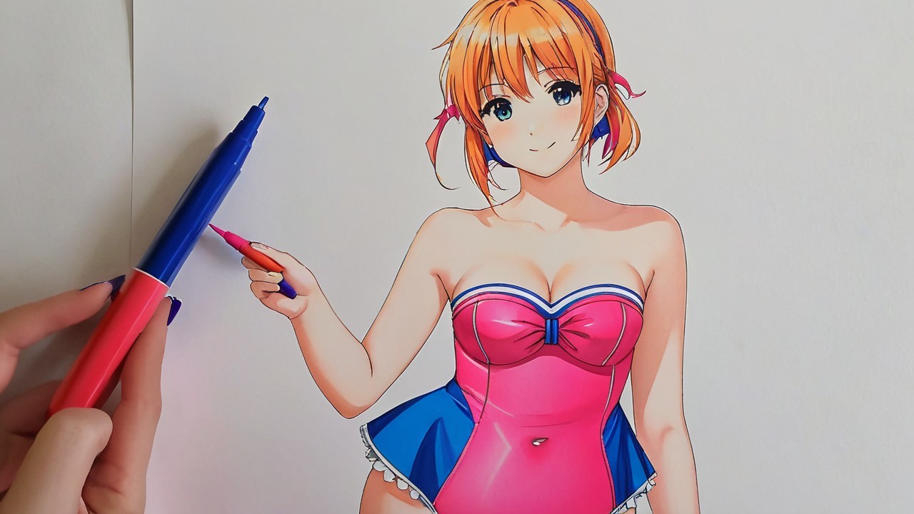 Vibrant illustration of a character in pink swimsuit