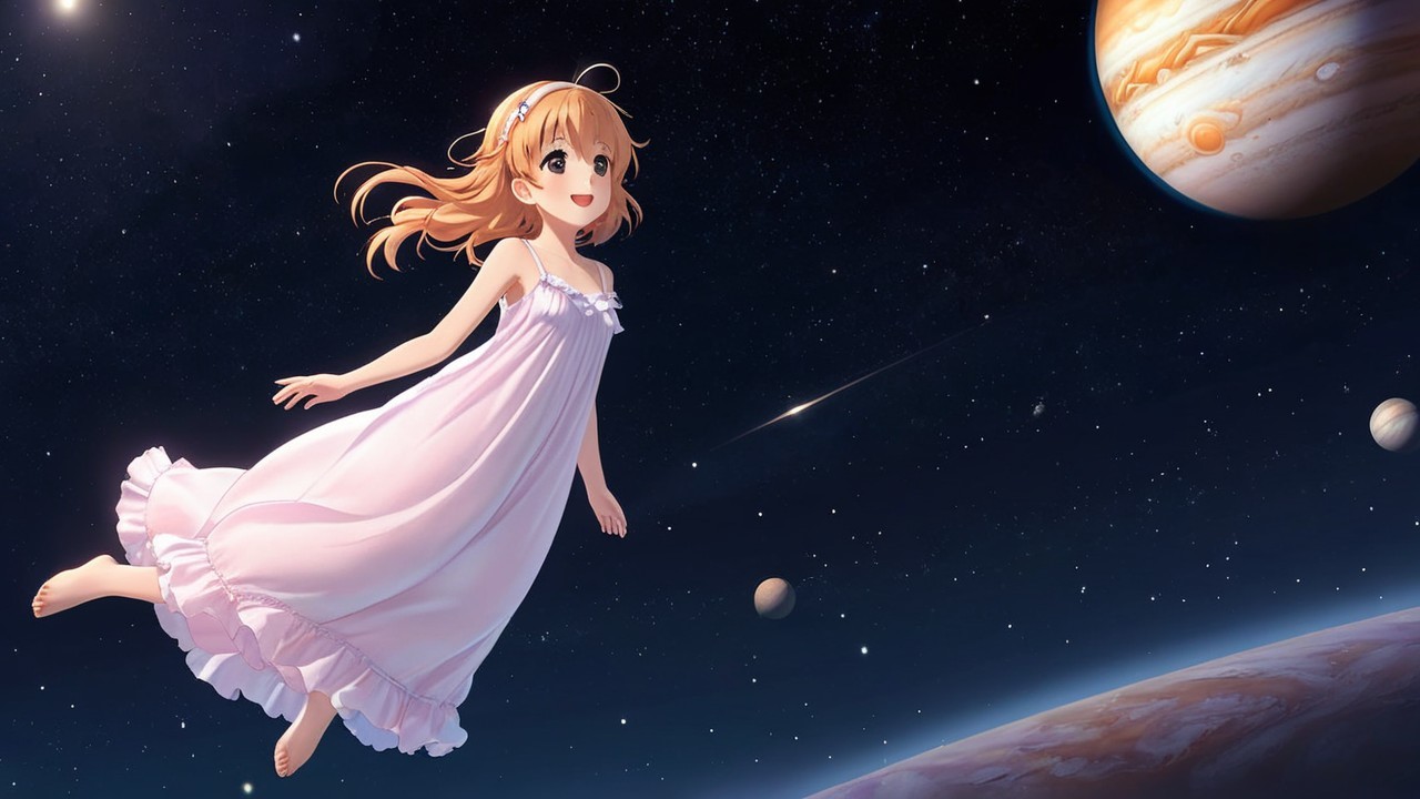Young girl in pink nightgown floating in space