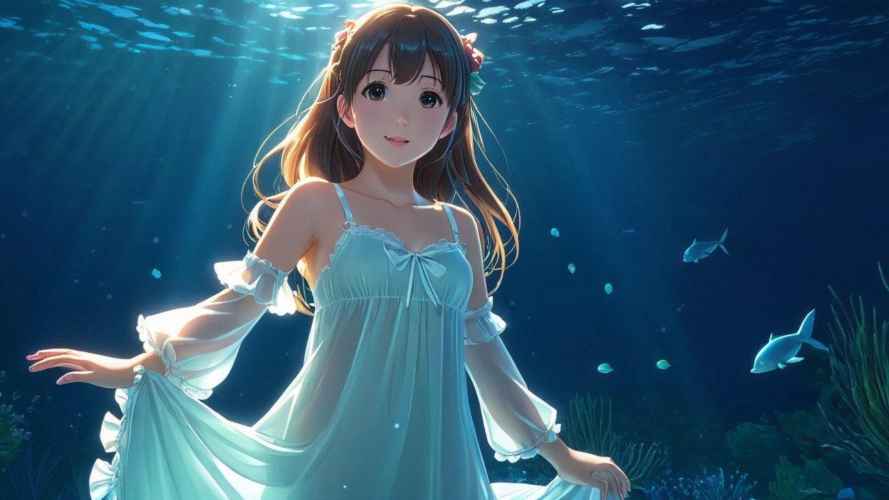Underwater Scene with Young Woman in White Dress