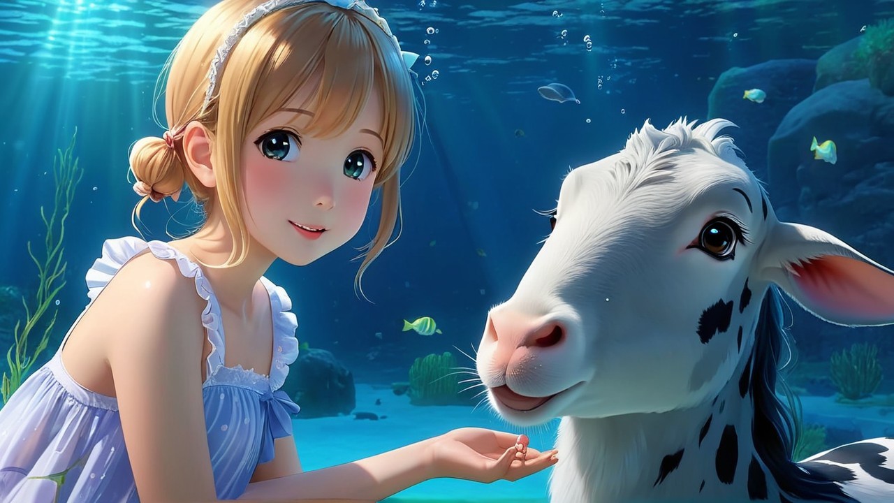 Underwater Scene with Girl and Friendly Cow