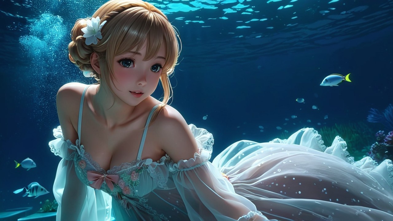 Underwater Scene with Woman in White Dress and Coral