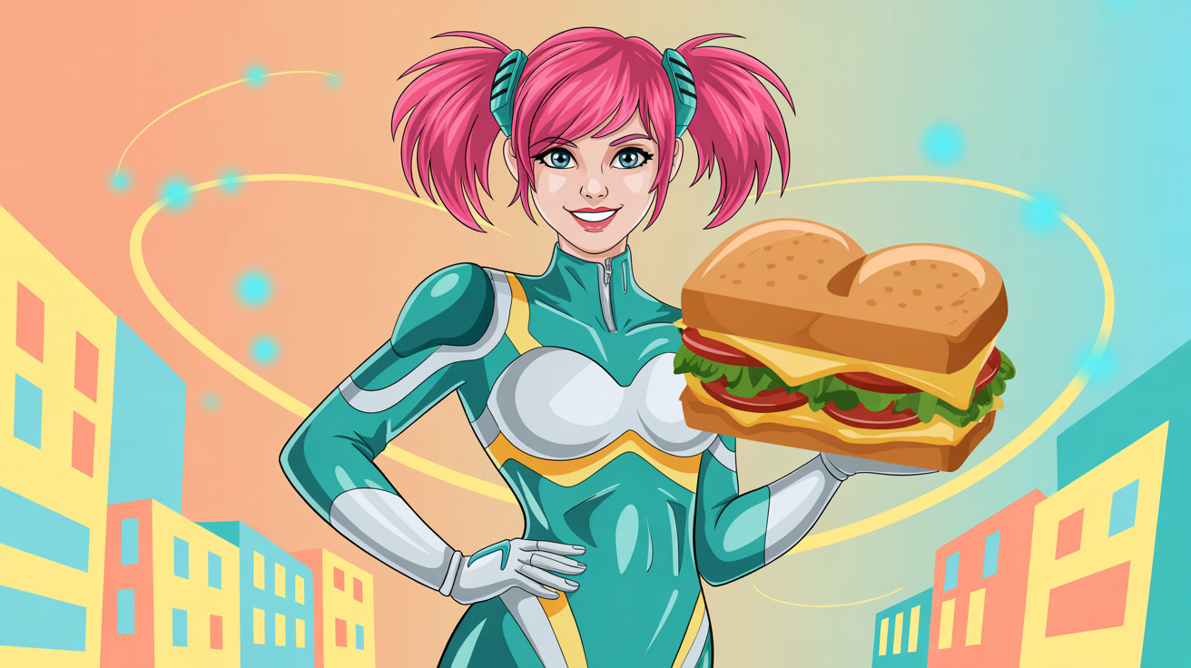 Young Woman in Superhero Suit with Sandwich at Sunset