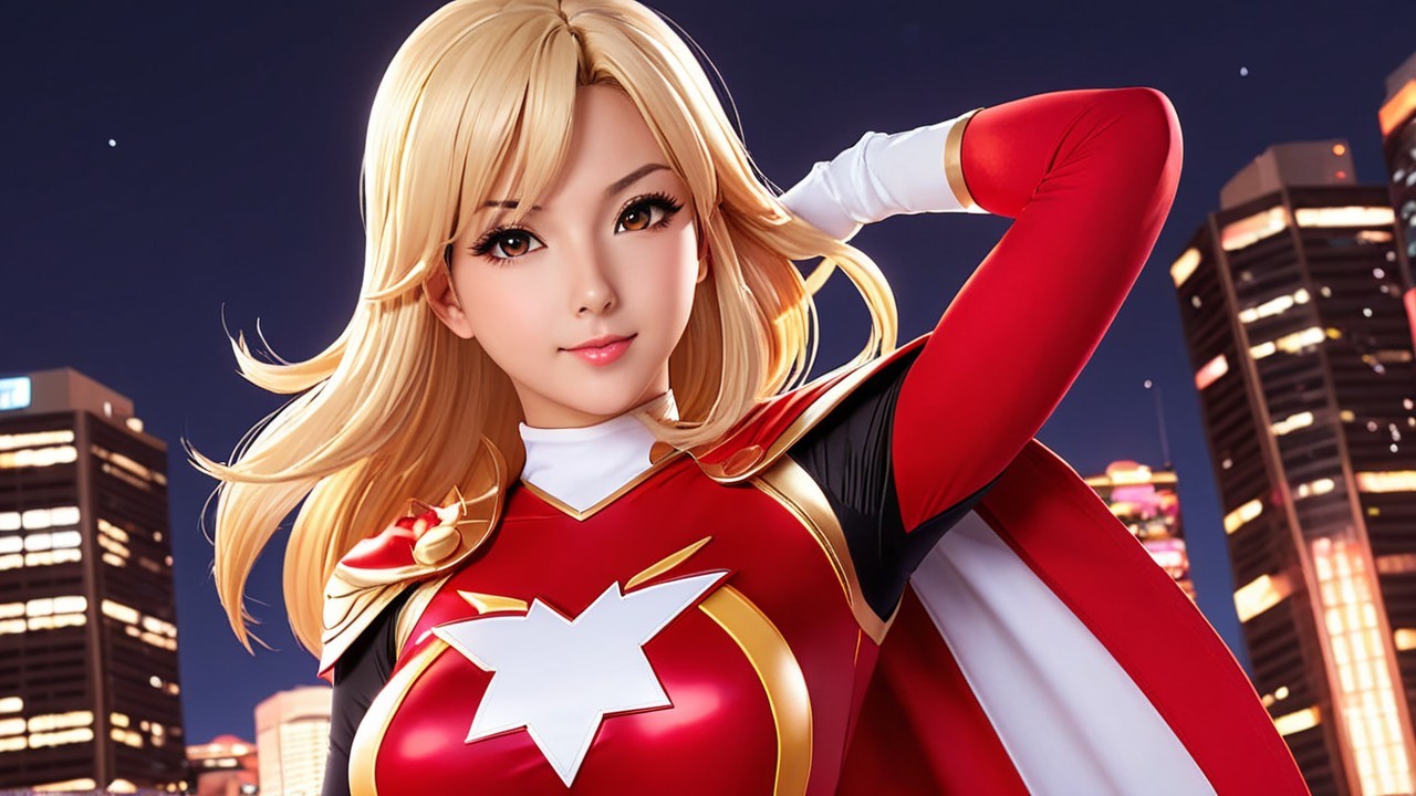 Confident Young Woman in Superhero Costume at Dusk